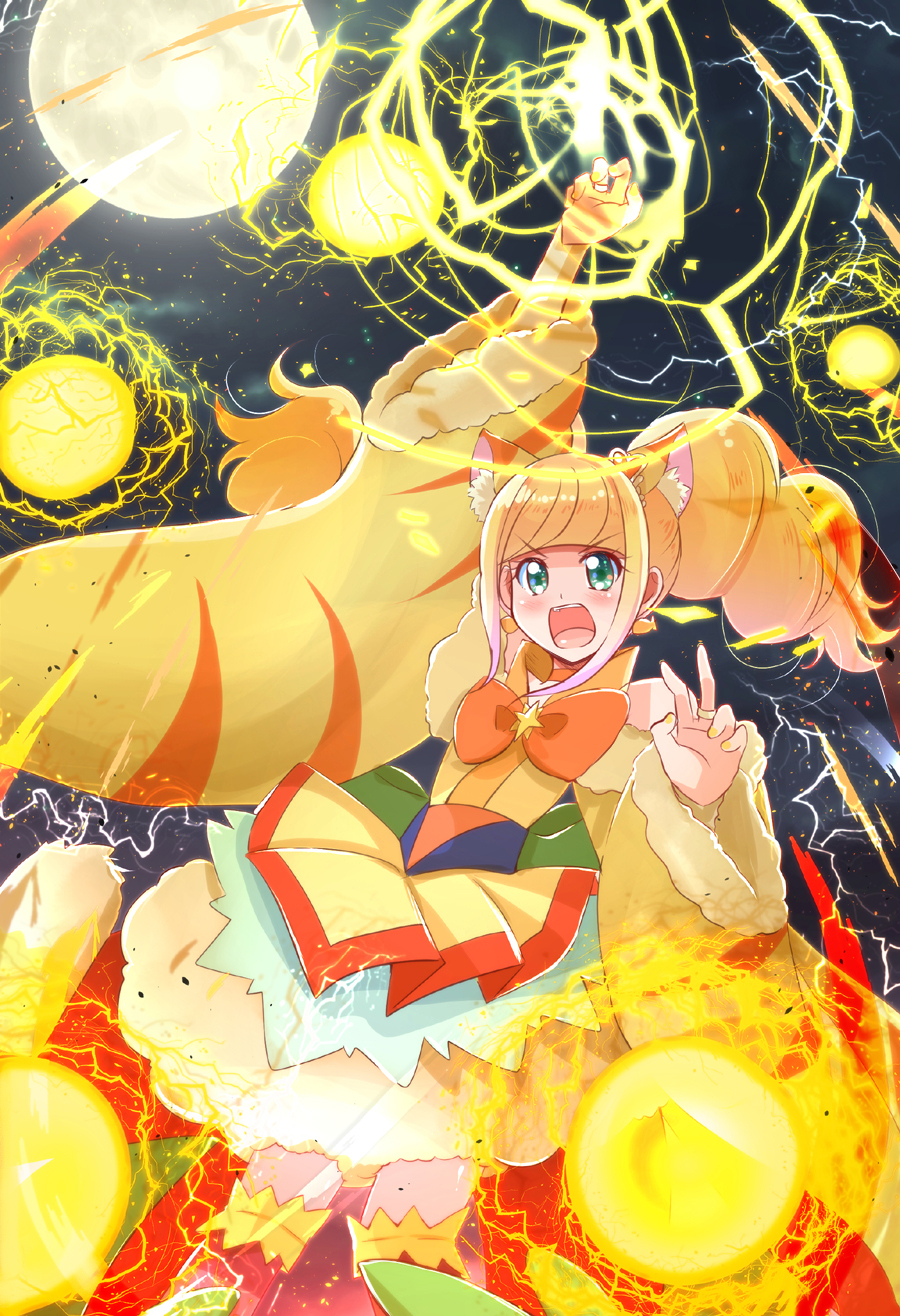 1girl angry animal_ears arm_up blonde_hair bow brooch brown_legwear bubble_skirt cat_ears choker cowboy_shot cure_sparkle earrings extra_ears fingernails full_moon green_eyes hair_ornament healin'_good_precure heart heart_hair_ornament highres hiramitsu_hinata jewelry layered_skirt lightning looking_at_viewer magical_girl medium_hair mitumi_mira moon open_mouth orange_bow orange_choker partner_form precure skirt solo standing thigh-highs twintails yellow_nails