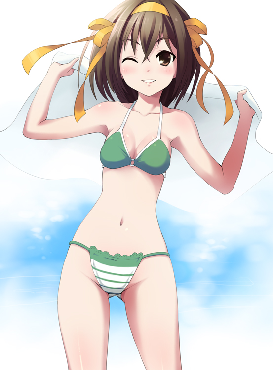 breasts cleavage green_bikini hair_ribbon navel o-ring_top oryou ribbon short_hair solo string_bikini suzumiya_haruhi suzumiya_haruhi_no_yuuutsu swimsuit towel wink