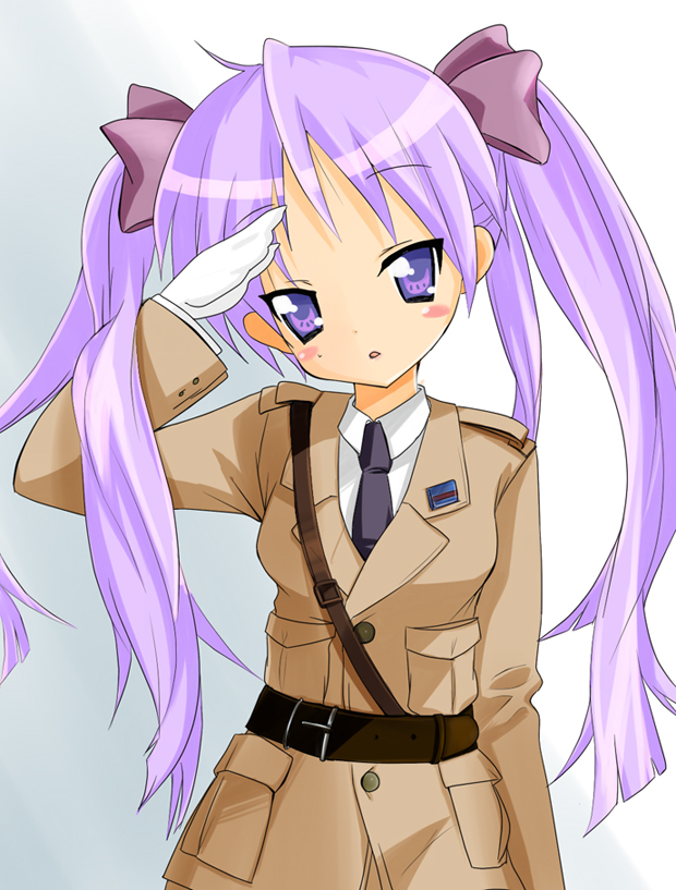 hiiragi_kagami long_hair lucky_star military military_uniform purple_eyes purple_hair salute twintails uniform violet_eyes