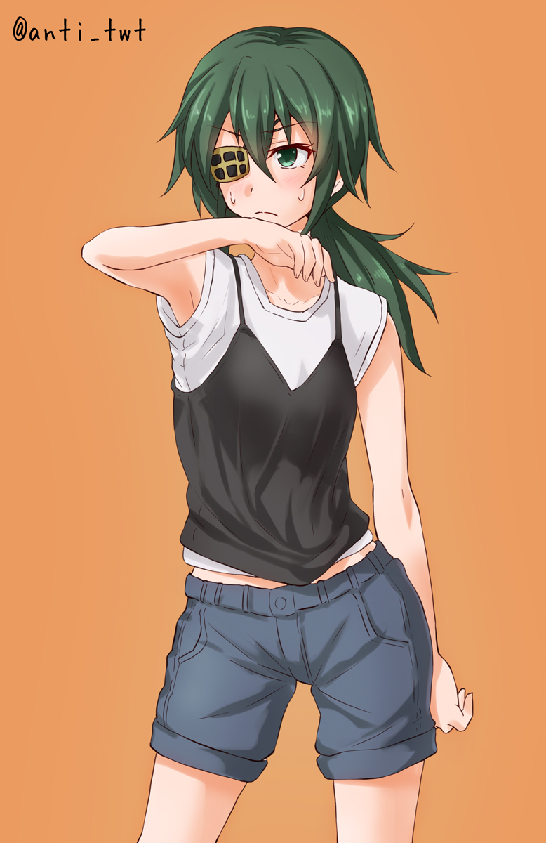 1girl alternate_costume alternate_hair_length alternate_hairstyle anti_(untea9) black_blouse blouse casual commentary_request cowboy_shot denim denim_shorts eyepatch green_eyes green_hair grey_shorts highres kantai_collection kiso_(kantai_collection) long_hair low_ponytail no_hat no_headwear orange_background ponytail shirt shorts simple_background solo sweat twitter_username white_shirt wiping_face