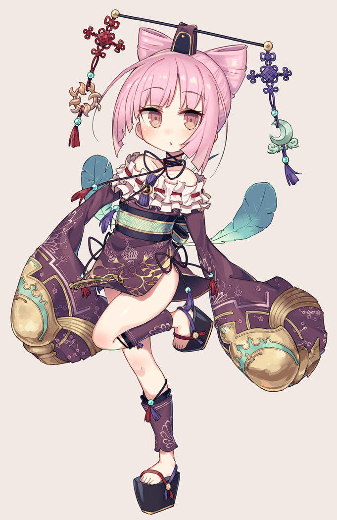 1girl atelier_(series) atelier_sophie bare_shoulders blush chibi cornelia_(atelier) frills hair_ornament japanese_clothes kimono looking_at_viewer pink_eyes pink_hair short_hair sleeves_past_wrists solo wagashi928