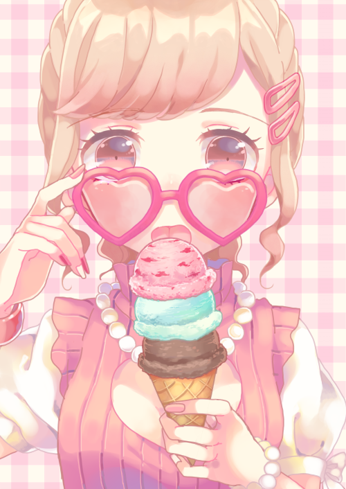 1girl bangs bracelet brown_hair cleavage_cutout commentary_request food hair_ornament hairclip heart heart-shaped_eyewear hina_(milk_ti_leaf) holding holding_food ice_cream_cone jewelry licking multicolored multicolored_nails nail_polish necklace original pearl_bracelet pearl_necklace pink-framed_eyewear pink-tinted_glasses pink_nails plaid plaid_background red_eyes red_nails short_sleeves sidelocks solo swept_bangs tongue triple_scoop upper_body white_nails