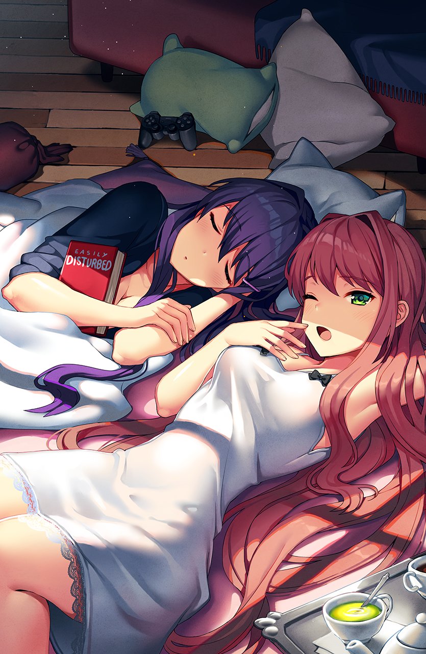 2girls arm_behind_head armpits blanket book brown_hair commentary controller cup doki_doki_literature_club english_commentary eyebrows_visible_through_hair game_controller green_eyes hair_down hair_ornament hairclip highres long_hair looking_at_viewer lying monika_(doki_doki_literature_club) multiple_girls official_art on_back on_floor on_side one_eye_closed open_mouth pillow purple_hair satchely sleeping teacup tray under_covers very_long_hair window_shade wooden_floor yawning yuri_(doki_doki_literature_club)