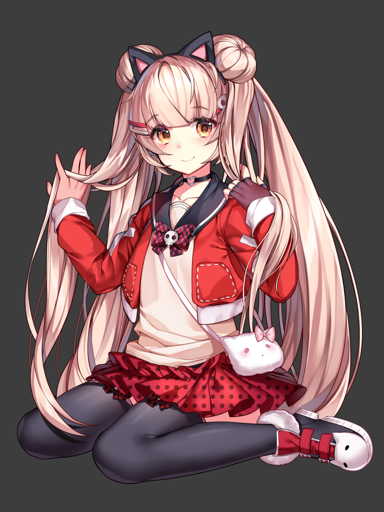 animal_ears bag bangs blonde_hair bow brown_eyes cat_ears choker commission double_bun gendo0032 hair_ornament hairclip handbag headband jacket long_hair looking_at_viewer original sailor_collar sitting skirt smile thigh-highs twintails yellow_eyes