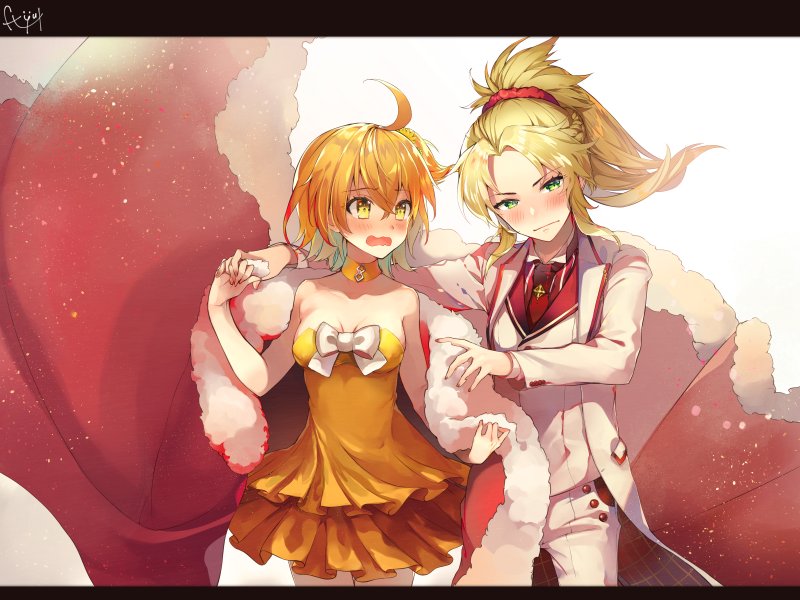 2girls ahoge alternate_costume blonde_hair blush breasts cape cleavage commentary_request dress fate/grand_order fate_(series) ft_yut fujimaru_ritsuka_(female) green_eyes long_sleeves looking_at_another mordred_(fate) mordred_(fate)_(all) multiple_girls open_mouth orange_dress orange_eyes orange_hair ponytail red_cape short_hair strapless strapless_dress yuri