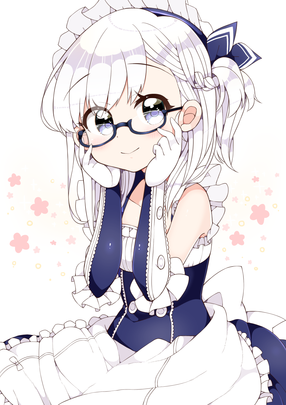 1girl apron azur_lane belchan_(azur_lane) belfast_(azur_lane) bespectacled blue_eyes braid eyebrows_visible_through_hair glasses gloves hands_on_own_cheeks hands_on_own_face highres kanjitomiko long_hair looking_at_viewer maid maid_apron maid_headdress one_side_up sitting smile solo white_hair