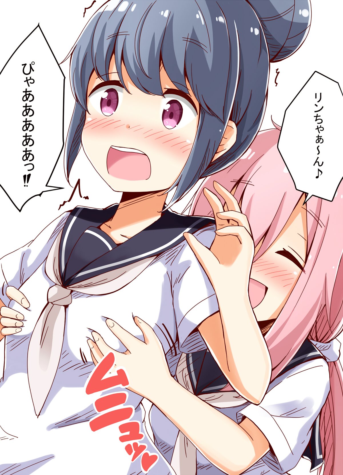 2girls aikawa_ryou blue_hair blush breast_grab closed_eyes grabbing grey_neckwear hair_bun hands_up highres kagamihara_nadeshiko long_hair low_twintails multiple_girls neckerchief open_mouth pink_hair sailor_collar school_uniform serafuku shima_rin shirt short_sleeves simple_background twintails violet_eyes white_background white_shirt yurucamp