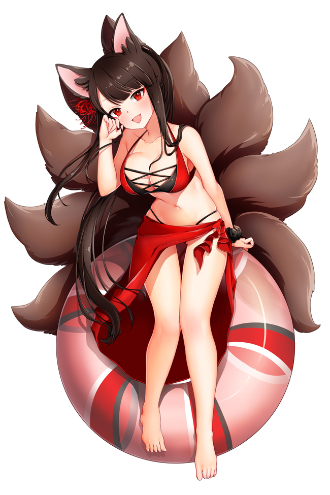 1girl :d akagi_(azur_lane) animal_ears azur_lane barefoot bikini black_hair black_scrunchie blush breasts cleavage collarbone eyebrows_visible_through_hair floating_hair full_body gluteal_fold head_tilt innertube large_breasts leaning_forward long_hair moi_(latte_art) multiple_tails navel open_mouth ponytail red_eyes sarong scrunchie simple_background smile solo standing swimsuit tail very_long_hair white_background wolf_ears wolf_tail wrist_scrunchie