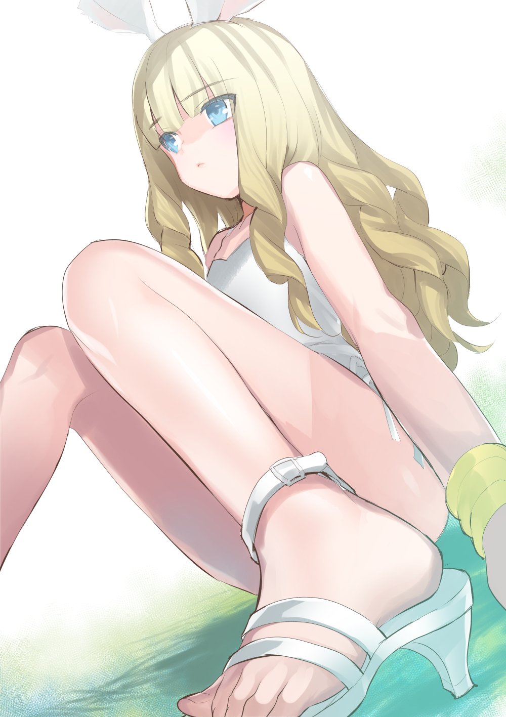 1girl animal_ears blonde_hair blue_eyes casual_one-piece_swimsuit curly_hair elin_(tera) emily_(pure_dream) feet flat_chest high_heels highres knees_together_feet_apart knees_up legs long_hair one-piece_swimsuit rabbit_ears shoes sitting solo swimsuit tera_online toes white_swimsuit wristband