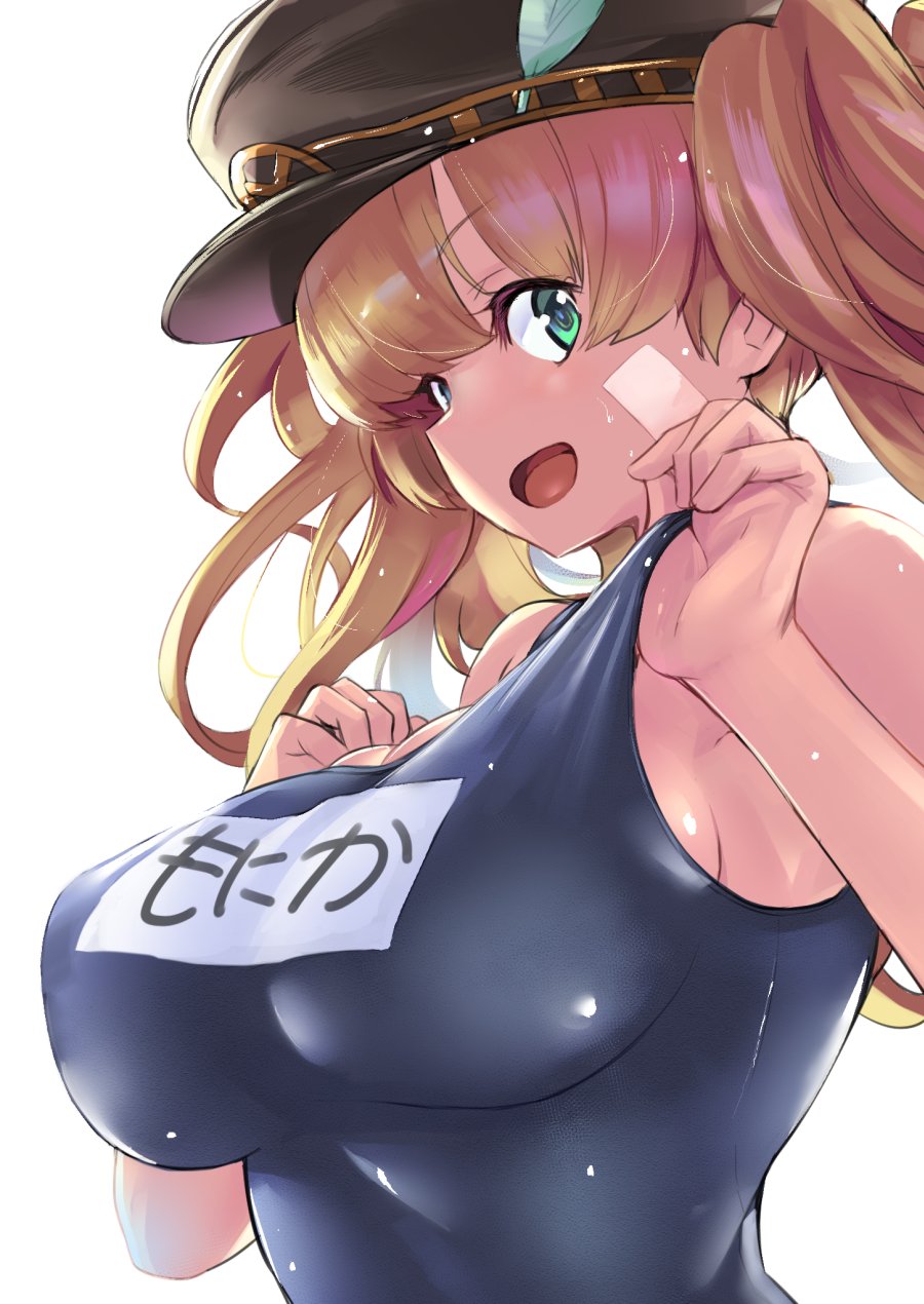 1girl blonde_hair blush breasts granblue_fantasy green_eyes hands_up hat highres kztk large_breasts long_hair looking_at_viewer monica_weisswind open_mouth peaked_cap school_swimsuit simple_background smile solo swimsuit swimsuit_pull twintails white_background