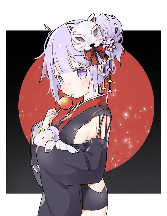 1girl azur_lane bangs black_kimono blush bow breasts cat_mask commentary_request cosplay eyebrows_visible_through_hair food hair_bow hair_bun hair_ornament holding holding_food japanese_clothes kimono licking long_sleeves looking_at_viewer mask mask_on_head medium_breasts object_hug purple_hair red_bow saliva short_kimono sideboob sidelocks solo sparkle stuffed_animal stuffed_pegasus stuffed_toy stuffed_unicorn tongue tongue_out tsuka unicorn_(azur_lane) violet_eyes wide_sleeves yamashiro_(azur_lane) yamashiro_(azur_lane)_(cosplay)