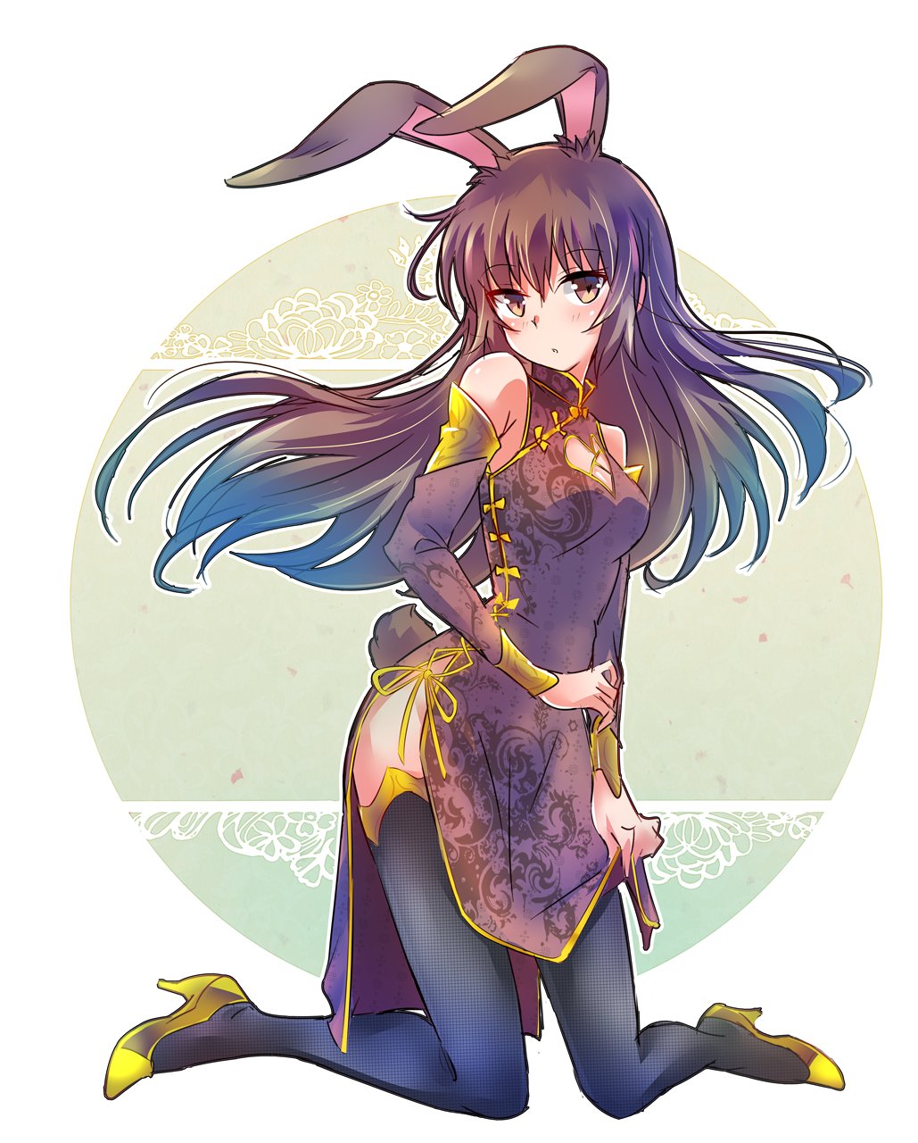 1girl animal_ears brown_eyes brown_hair bunny_tail china_dress chinese_clothes cleavage_cutout commentary detached_sleeves dress high_heels highres iesupa rabbit_ears rwby tail thigh-highs velvet_scarlatina