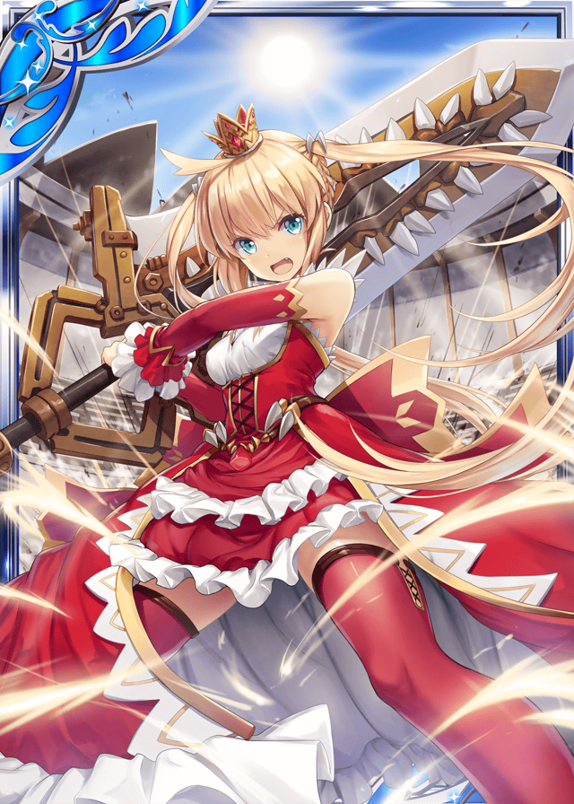 1girl akkijin arena bare_shoulders blonde_hair blue_eyes breasts card_(medium) crown dress holding holding_sword holding_weapon huge_weapon long_hair medium_breasts official_art red_dress red_legwear red_ribbon red_skirt ribbed_dress ribbon serious shinkai_no_valkyrie skirt spread_legs sun sword thigh-highs twintails weapon