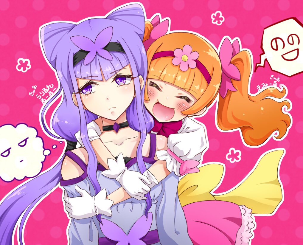 2girls :&lt; :d ^_^ ^o^ aisaki_emiru bangs bare_shoulders blunt_bangs blush bow brown_hair butterfly_hair_ornament choker closed_eyes closed_mouth commentary_request double_bun dress elbow_pads eyebrows_visible_through_hair flower gloves hair_bow hair_flower hair_ornament hairband hug hug_from_behind hugtto!_precure long_hair looking_away low_twintails multiple_girls nonowa open_mouth polka_dot polka_dot_background precure puffy_sleeves purple_hair ruru_amour smile speech_bubble spoken_face translated twintails upper_body uta_(yagashiro25) violet_eyes
