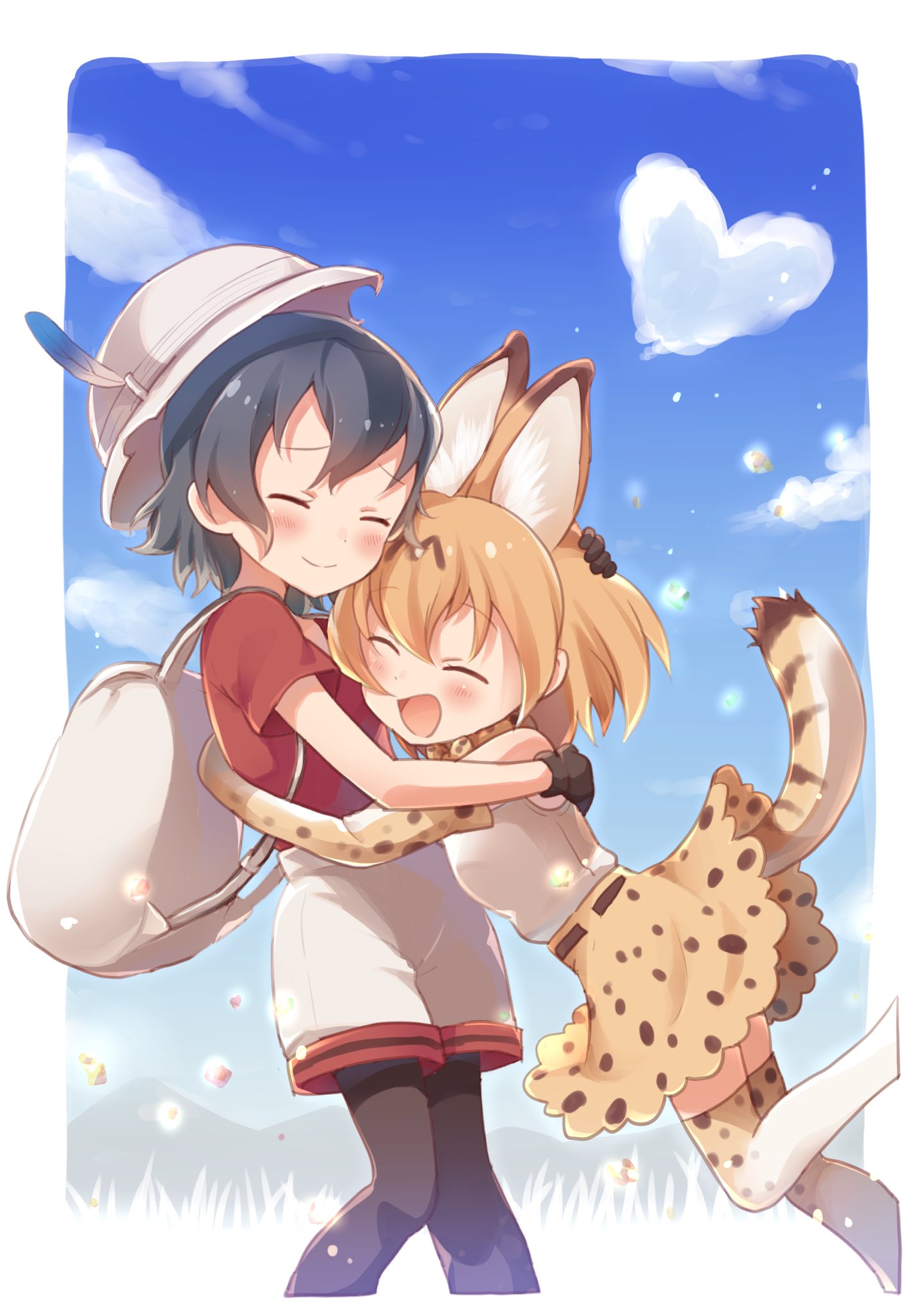 2girls :d ^_^ animal_ears backpack bag belt black_hair black_legwear blonde_hair blue_sky blush bow bowtie buchi_(y0u0ri_) closed_eyes clouds commentary day elbow_gloves extra_ears frame gloves hat_feather heart high-waist_skirt highres hug kaban_(kemono_friends) kemono_friends multicolored multicolored_clothes multicolored_gloves multiple_girls open_mouth out_of_frame outdoors pantyhose print_gloves print_neckwear print_skirt red_shirt sandstar serval_(kemono_friends) serval_ears serval_print serval_tail shirt short_hair short_sleeves shorts skirt sky sleeveless sleeveless_shirt smile tail thigh-highs white_gloves white_legwear yellow_gloves yellow_legwear yellow_neckwear yellow_skirt yuri