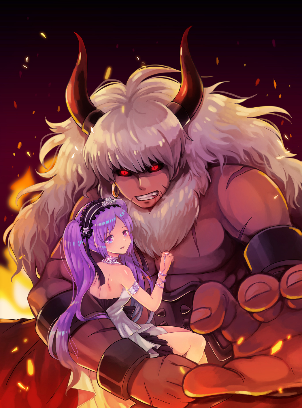 1boy 1girl asterios_(fate/grand_order) back bare_legs black_hairband black_sclera carrying clenched_teeth dress earrings euryale fate/grand_order fate_(series) fire flower hair_flower hair_ornament hairband highres hoop_earrings horns jewelry kosuke_(kosuke_zzz) long_hair muscle protecting purple_hair red_eyes scar shirtless single_earring size_difference teeth twintails violet_eyes white_dress white_hair