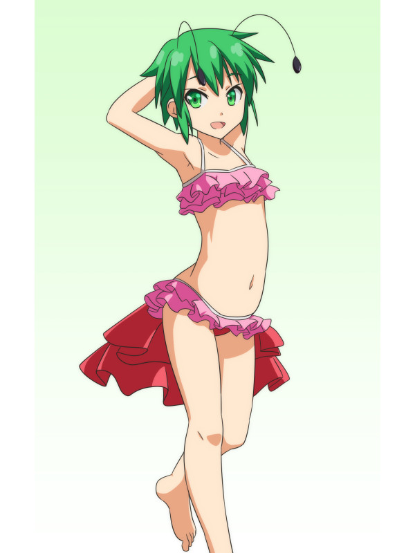 1girl antennae armpits arms_up bikini cato_(monocatienus) commentary_request frilled_bikini frills gradient gradient_background green_background green_eyes green_hair looking_at_viewer navel one_leg_raised open_mouth short_hair solo swimsuit touhou wriggle_nightbug
