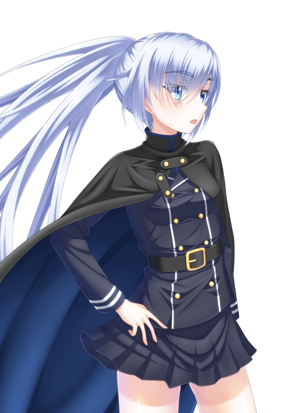1girl bangs belt_buckle black_belt black_cape black_jacket black_skirt blue_eyes breasts buckle cape commentary_request eyebrows_visible_through_hair eyes_visible_through_hair hair_over_one_eye jacket long_hair long_sleeves original parted_lips pleated_skirt sakaki_jin'ya silver_hair simple_background skirt small_breasts solo very_long_hair white_background