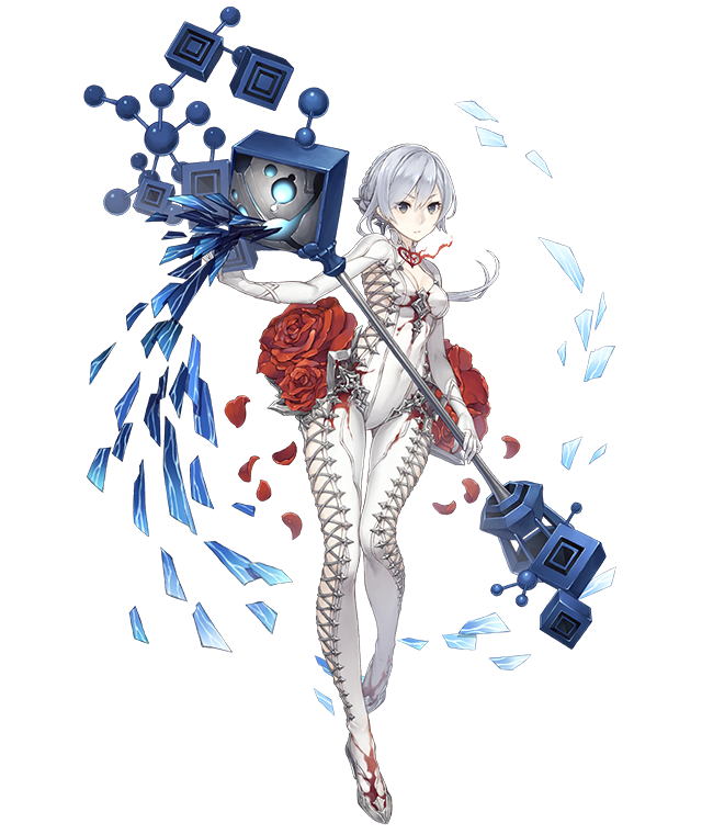 1girl asymmetrical_bangs bangs blood bloody_clothes bodysuit breasts cross-laced_clothes flower full_body grey_eyes holding holding_staff ji_no looking_at_viewer official_art rose silver_hair silver_trim sinoalice small_breasts snow_white_(sinoalice) solo staff transparent_background white_bodysuit