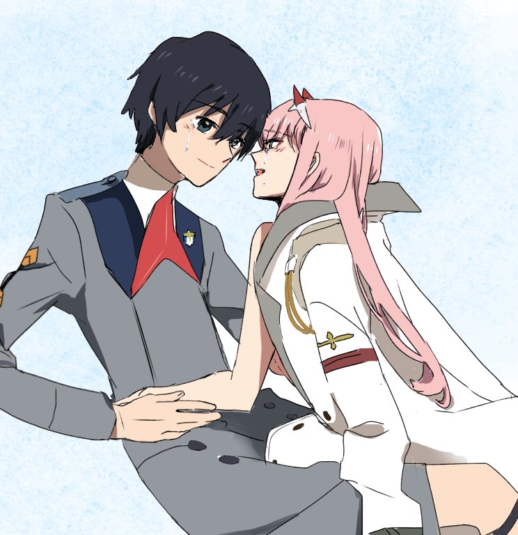 1boy 1girl akamsilver bangs black_hair blue_eyes blush coat commentary_request couple crying crying_with_eyes_open darling_in_the_franxx eyebrows_visible_through_hair face-to-face facing_another forehead-to-forehead green_eyes hair_ornament hairband hand_on_another's_arm hetero hiro_(darling_in_the_franxx) horns jacket_on_shoulders long_coat long_hair long_sleeves looking_at_another military military_uniform necktie oni_horns pink_hair red_horns red_neckwear short_hair tears uniform white_coat white_hairband zero_two_(darling_in_the_franxx)