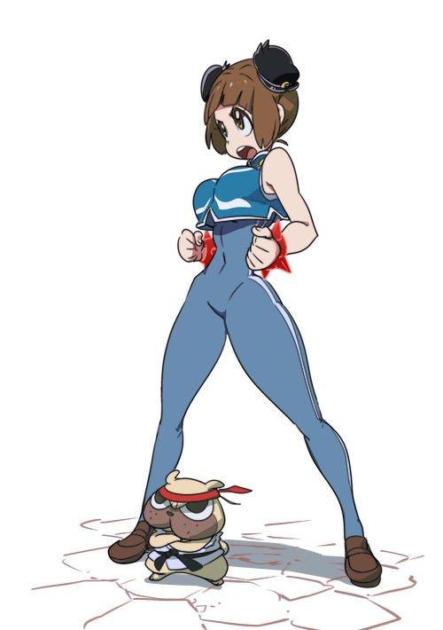 1girl bodysuit bracelet breasts brown_eyes brown_hair bun_cover chun-li chun-li_(cosplay) cosplay crop_top crop_top_overhang double_bun erect_nipples guts_(kill_la_kill) gyosone headband jewelry large_breasts loafers mankanshoku_mako ryuu_(street_fighter) ryuu_(street_fighter)_(cosplay) shoes sleeveless solo_focus spiked_bracelet spikes street_fighter street_fighter_zero_(series) vest white_background