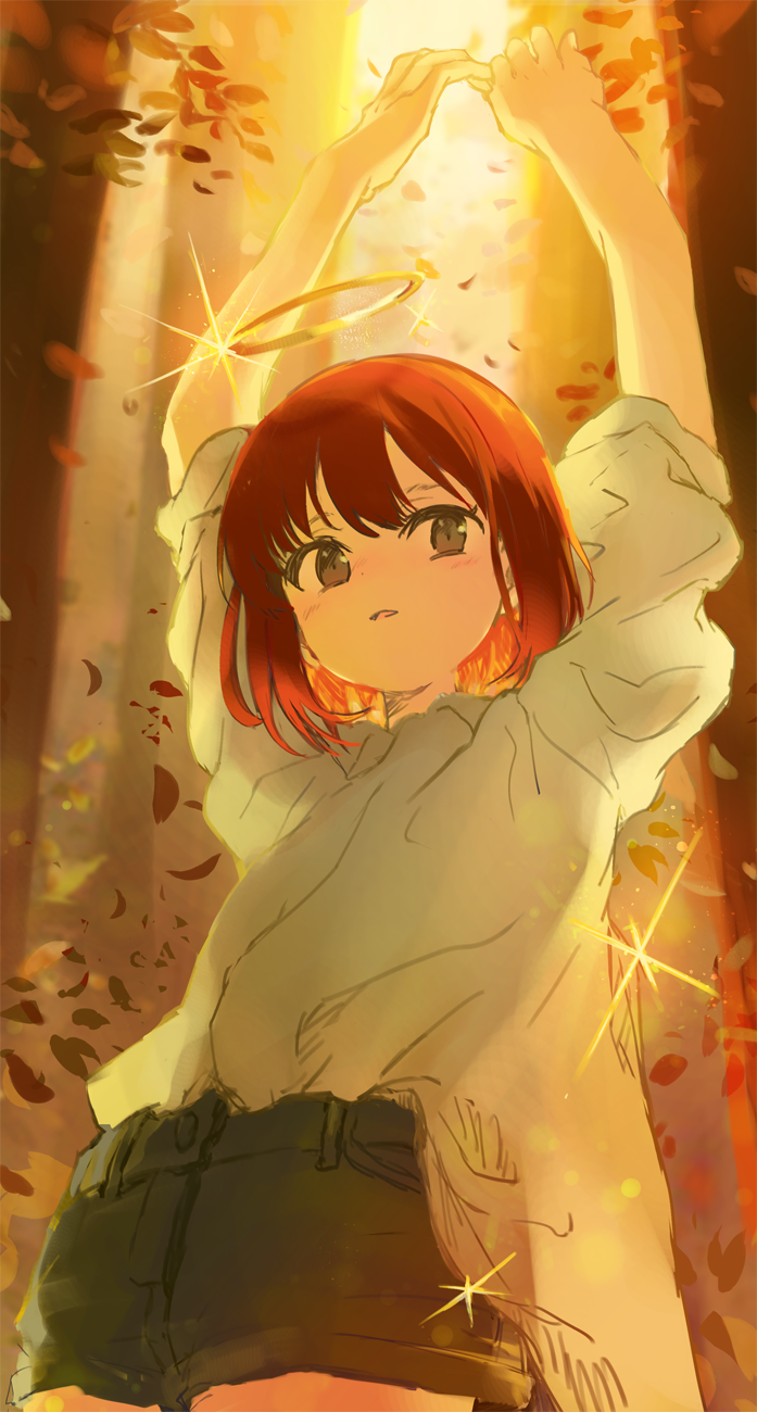 1girl arms_up autumn_leaves bangs blush brown_eyes commentary_request eyebrows_visible_through_hair glint green_shorts halo highres leaf long_hair long_sleeves looking_at_viewer original outdoors parted_lips redhead sha2mo shirt short_shorts shorts sleeves_pushed_up solo tree white_shirt
