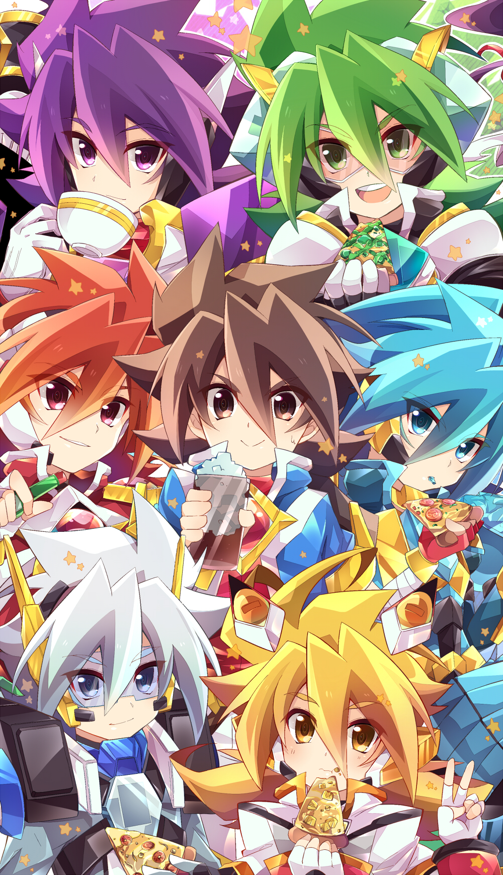 6+boys :d armor black_gloves blonde_hair blue_eyes blue_hair blue_jacket brown_eyes brown_hair coat cup diagonal-striped_background diagonal_stripes eating fingerless_gloves food gloves goggles green_eyes green_hair grey_eyes grin headwear highres holding holding_cup holding_food holding_pizza ice ichibanboshi_no_rei jacket looking_at_viewer male_focus multiple_boys multiple_persona open_mouth pepperoni pink_background pizza purple_hair red_coat red_eyes red_gloves red_shirt redhead rento_(rukeai) saikyou_ginga_ultimate_zero_~battle_spirits~ shirt short_sleeves silver_hair smile spiky_hair star starry_background striped striped_background teacup v violet_eyes white_armor white_coat white_gloves yellow_eyes zero_the_azure zero_the_burning zero_the_flash zero_the_glint zero_the_hurricane zero_the_silver