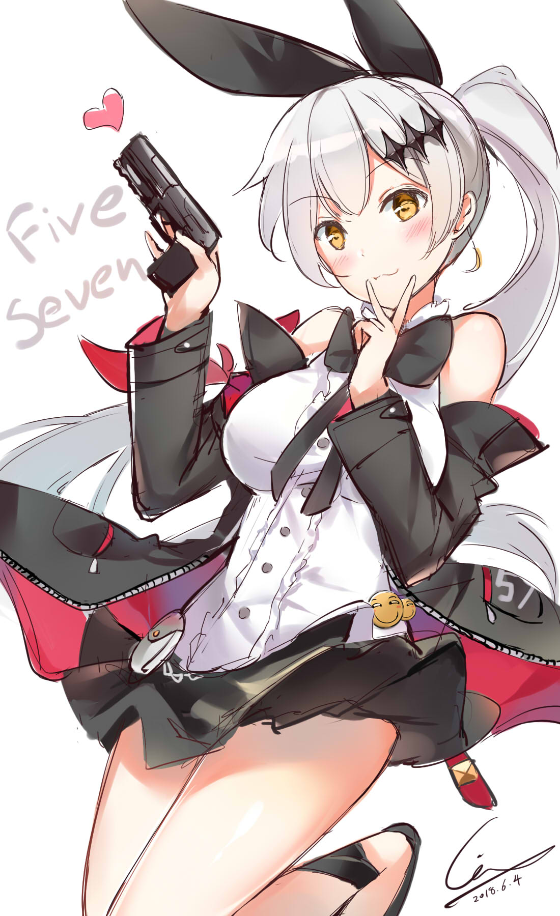1girl :3 armband bangs bare_shoulders belt blush bow breasts brown_eyes buckle character_name cleavage closed_mouth dated eyebrows_visible_through_hair five-seven_(girls_frontline) five-seven_(gun) ginn_(hzh770121) girls_frontline gun hair_ornament hand_to_own_face handgun heart highres holding holding_gun holding_weapon jacket jewelry large_breasts long_hair looking_at_viewer looking_down miniskirt navel open_clothes open_jacket ponytail ribbon sidelocks signature silver_hair simple_background skirt smile solo thigh_strap trigger_discipline unzipped very_long_hair weapon zipper zipper_pull_tab