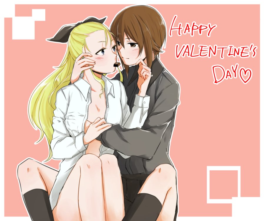 2girls arm_grab assam bangs black_legwear black_skirt blonde_hair blue_eyes breast_grab brown_eyes brown_hair chocolate commentary_request dress_shirt english food_in_mouth girls_und_panzer grabbing grey_shirt hair_pulled_back hair_ribbon hand_in_hair happy_valentine imminent_kiss kuromorimine_school_uniform long_hair long_sleeves mouth_hold multiple_girls naked_shirt nishizumi_maho offering open_clothes open_shirt outside_border pink_background ribbon school_uniform shirt short_hair sitting skirt socks straddling white_shirt wing_collar yuri yuuhi_(arcadia)