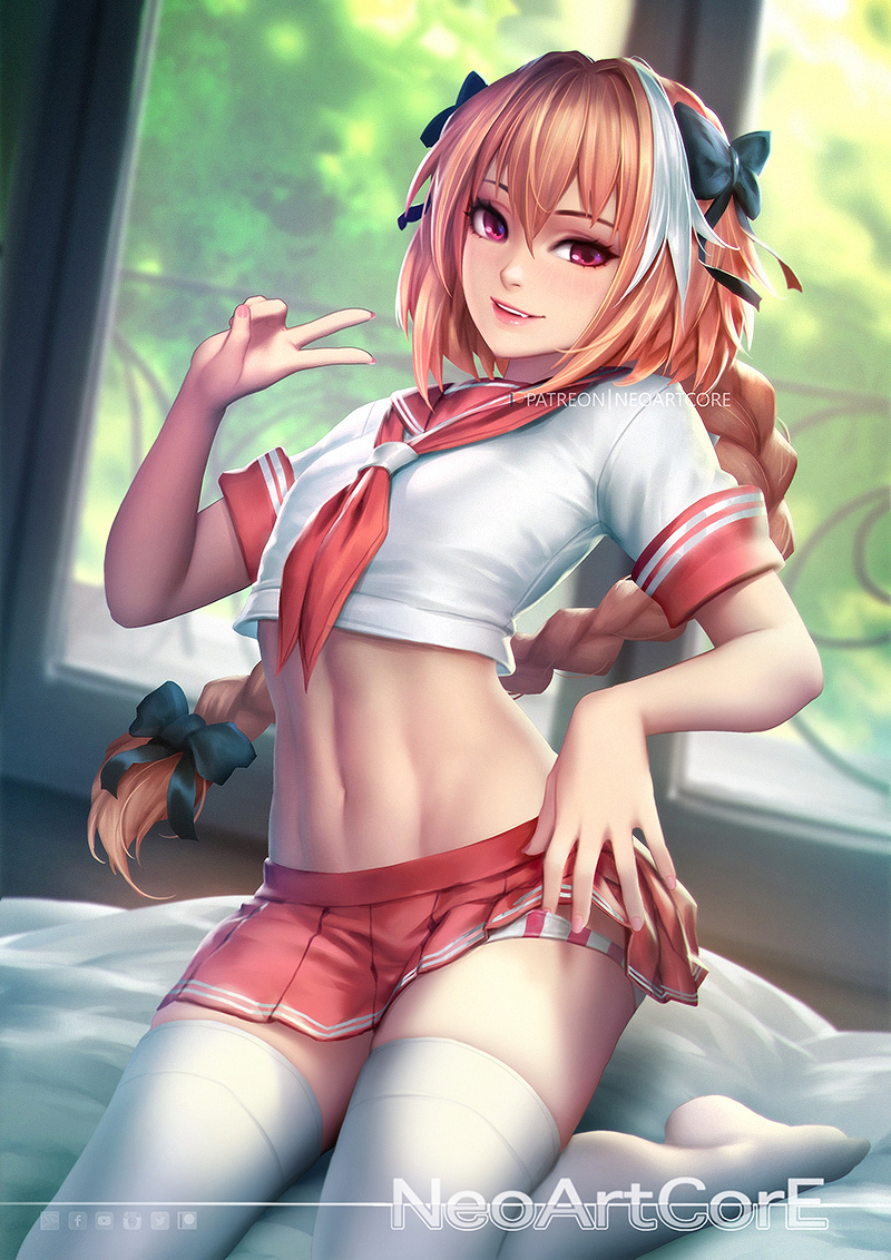 1boy artist_name astolfo_(fate) bow braid fate/apocrypha fate/grand_order fate_(series) hair_bow midriff miniskirt multicolored_hair nail_polish navel nudtawut_thongmai panties pink_hair pink_nails sailor_collar school_uniform serafuku skirt skirt_lift smile solo striped striped_panties thigh-highs trap two-tone_hair underwear v white_legwear window