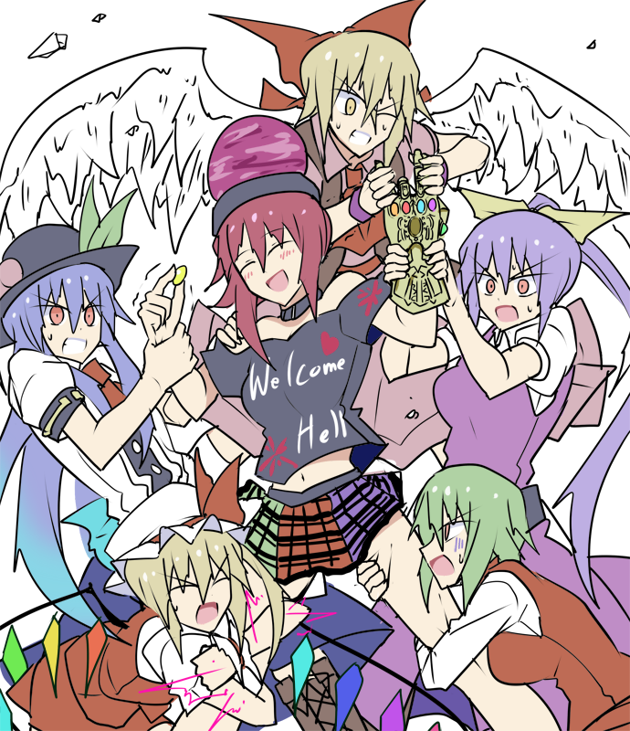 6+girls avengers:_infinity_war black_hat blonde_hair blue_hair blush bow choker clenched_teeth flandre_scarlet food fruit gem gengetsu green_hair hair_bow hat hecatia_lapislazuli hinanawi_tenshi infinity_gauntlet kazami_yuuka kenuu_(kenny) leg_hug long_hair long_sleeves midriff multiple_girls open_mouth parody peach ponytail purple_hair red_bow red_eyes redhead short_hair short_sleeves smile sweat teeth touhou touhou_(pc-98) trembling watatsuki_no_yorihime wrist_grab yellow_bow