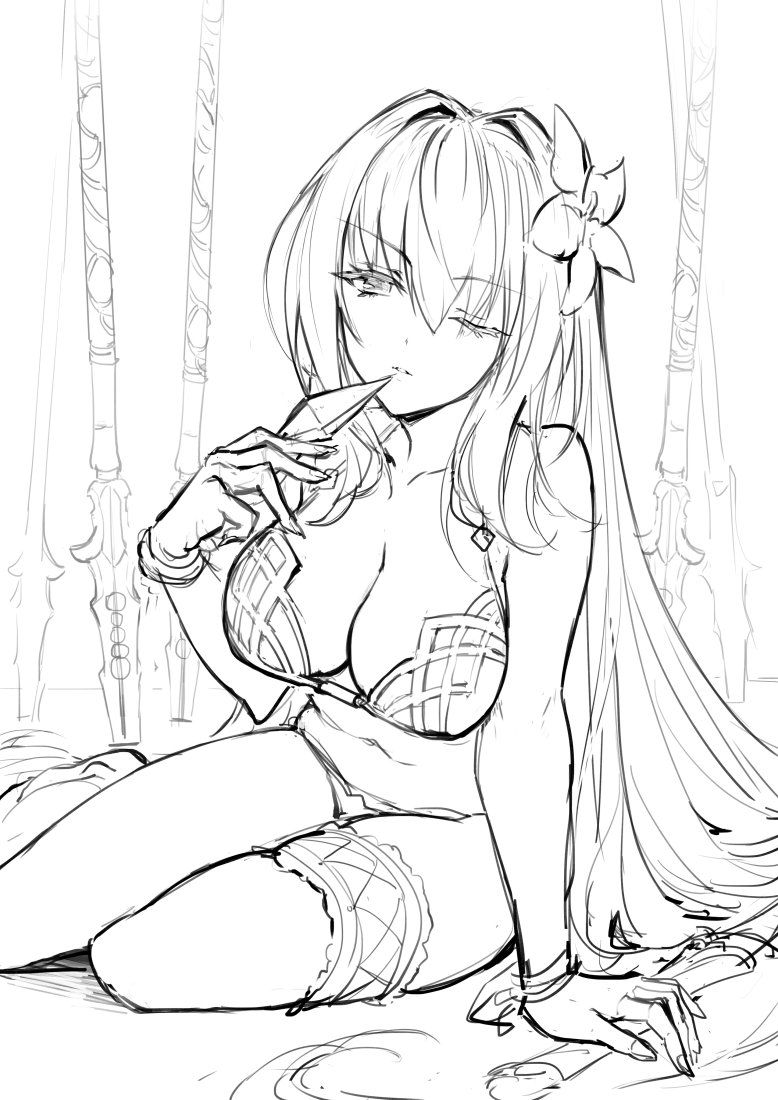 1girl bikini bracelet breasts commentary_request fate/grand_order fate_(series) flower gae_bolg greyscale hair_flower hair_intakes hair_ornament hand_up haoni holding jewelry lance large_breasts legband long_hair looking_at_viewer monochrome one_eye_closed planted_weapon polearm scathach_(fate/grand_order) scathach_(swimsuit_assassin)_(fate) sitting sketch solo swimsuit very_long_hair weapon wristband yokozuwari