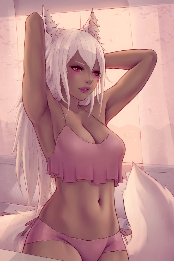 1girl animal_ears armpits arms_up breasts camisole cleavage commission dark_skin day large_breasts lips long_hair midriff navel original panties parted_lips red_eyes solo soranamae standing tail underwear white_hair window wolf_ears wolf_tail