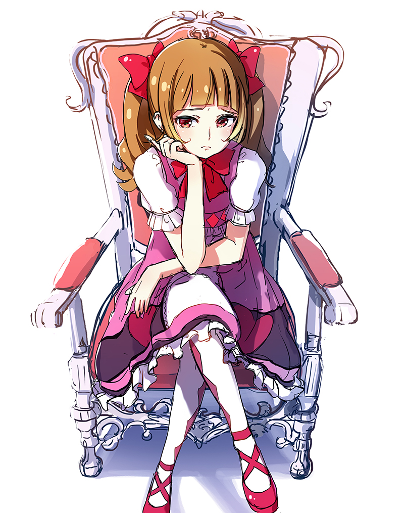 1girl aisaki_emiru bangs blunt_bangs blush bow bowtie brown_hair chair commentary dress elbow_on_knee frilled_dress frills frown full_body hair_bow hugtto!_precure legs_crossed long_hair precure puffy_short_sleeves puffy_sleeves red_eyes red_footwear sad shoes short_sleeves simple_background sitting sketch solo thigh-highs tokeshi twintails white_background
