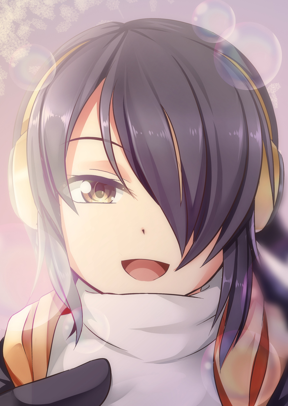 1girl :d black_hair brown_eyes bubble commentary emperor_penguin_(kemono_friends) face hair_over_one_eye headphones highres kemono_friends long_hair looking_at_viewer open_mouth revision smile solo yasume_yukito