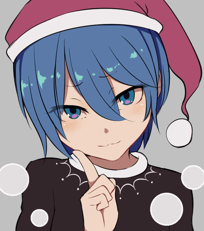 1girl bangs blue_eyes blue_hair capelet closed_mouth commentary_request doremy_sweet eyebrows_visible_through_hair finger_to_mouth hand_up hat looking_at_viewer marsen nightcap pom_pom_(clothes) short_hair simple_background smile solo touhou upper_body white_background