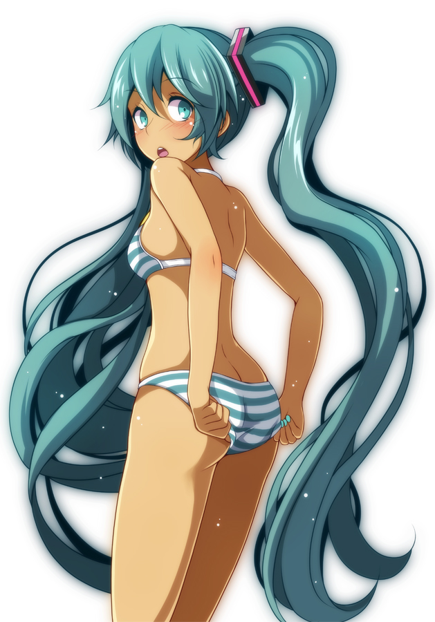 1girl :o adjusting_clothes adjusting_swimsuit alternate_skin_color aqua_eyes aqua_hair ass bare_arms bare_shoulders bikini blush butt_crack cowboy_shot from_behind hatsune_miku horizontal_stripes long_hair looking_at_viewer looking_back open_mouth simple_background solo striped swimsuit tan tsukishiro_saika twintails vocaloid white_background