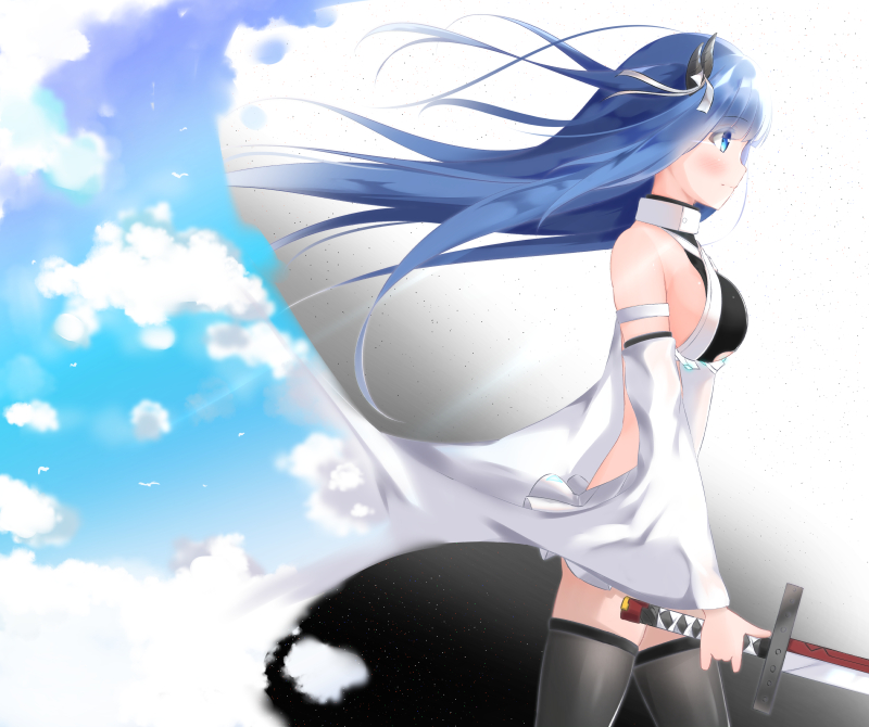 1girl azur_lane bangs bare_shoulders blue_eyes blue_hair blue_sky blush breasts closed_mouth clouds cloudy_sky commentary_request day detached_sleeves dress eyebrows_visible_through_hair floating_hair holding holding_sword holding_weapon horns ibuki_(azur_lane) katana kogyokuapple long_hair long_sleeves looking_away medium_breasts outdoors profile sky sleeveless sleeveless_dress solo sword very_long_hair weapon white_dress wide_sleeves