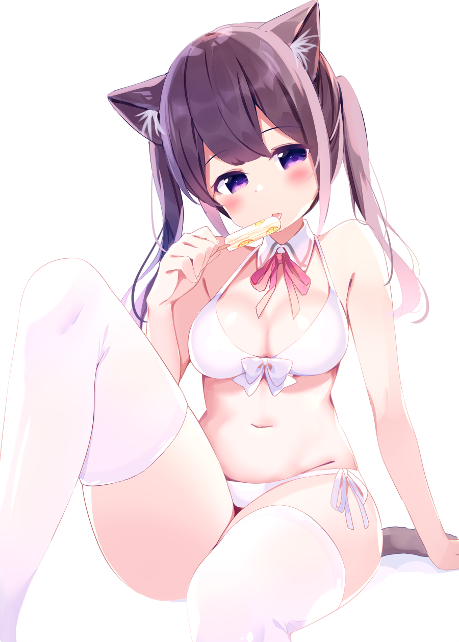 1girl animal_ears arm_support bangs bare_arms bare_shoulders bikini blush bow breasts brown_hair cat_ears cat_girl cat_tail chikuwa. cleavage closed_mouth commentary_request detached_collar eyebrows_visible_through_hair food front-tie_bikini front-tie_top head_tilt highres holding holding_food licking long_hair looking_at_viewer medium_breasts navel neck_ribbon original popsicle red_ribbon ribbon side-tie_bikini sidelocks sitting solo swimsuit tail thigh-highs thighs tongue tongue_out twintails violet_eyes white_background white_bikini white_bow white_collar white_legwear