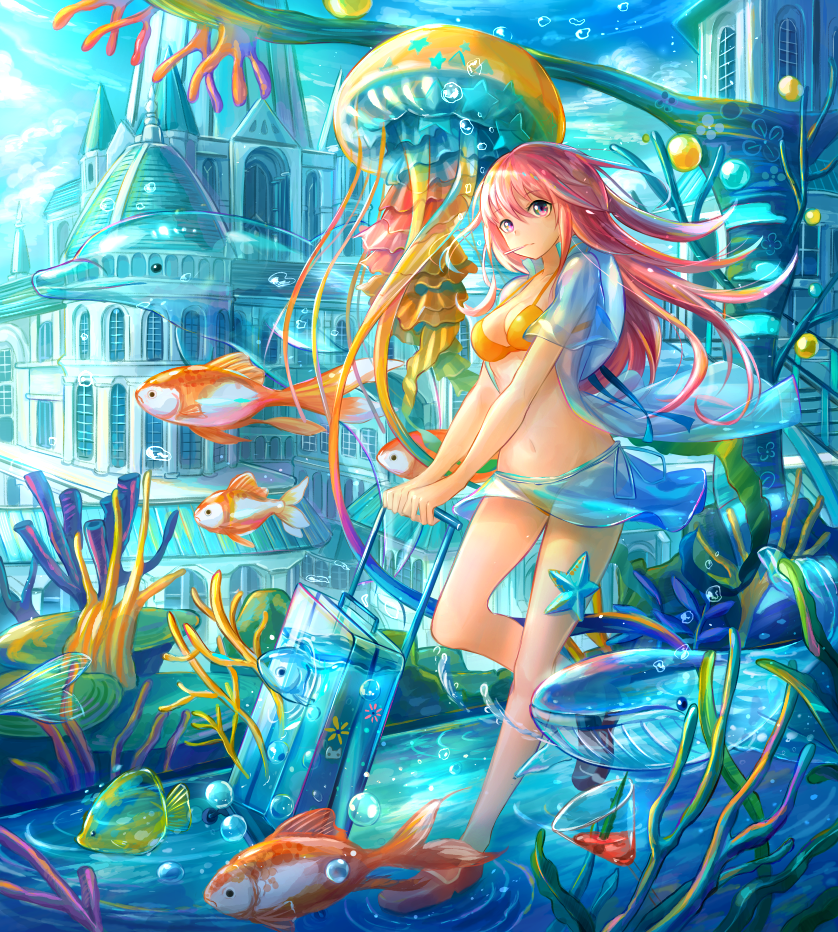 1girl breasts cleavage collarbone dolphin eyebrows_visible_through_hair fish jellyfish kutsunohito long_hair looking_at_viewer medium_breasts navel original outdoors pink_eyes pink_hair scenery solo suitcase water whale