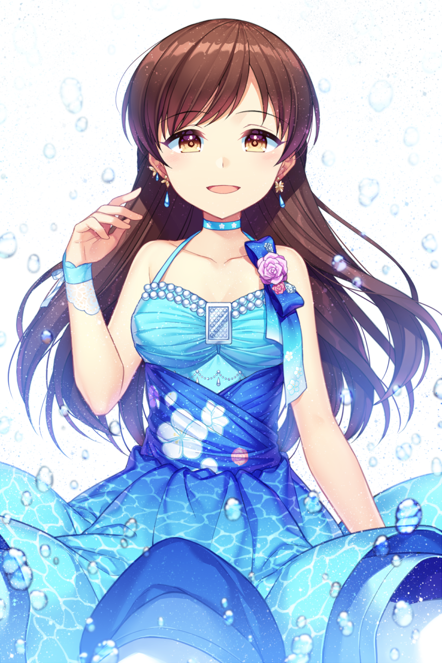 1girl bangs bare_shoulders breasts brown_eyes brown_hair collarbone commentary_request dress earrings eyebrows_visible_through_hair flower highres idolmaster idolmaster_cinderella_girls idolmaster_cinderella_girls_starlight_stage jenevan jewelry long_hair looking_at_viewer medium_breasts multicolored multicolored_clothes multicolored_dress nitta_minami open_mouth pink_flower smile solo white_background