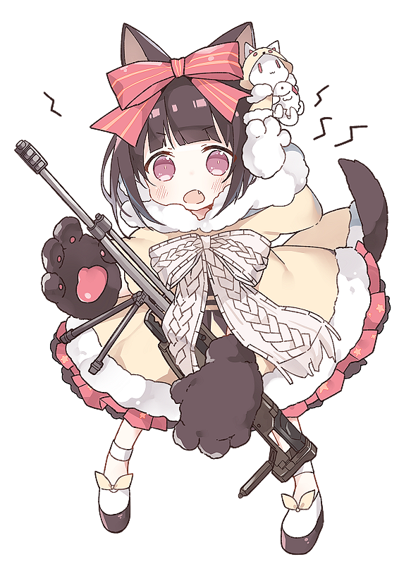 1girl animal_ears blush bow brown_hair commentary_request dog_ears dog_girl dog_tail dress fang full_body fur-trimmed_hood fur_trim girls_frontline gloves hair_bow hood hood_down hooded_dress lightning_bolt looking_at_viewer m99_(girls_frontline) object_namesake open_mouth paw_gloves paws platform_footwear red_bow shoes simple_background solo standing striped striped_bow tail tsuka violet_eyes white_background white_footwear yellow_dress zijiang_m99
