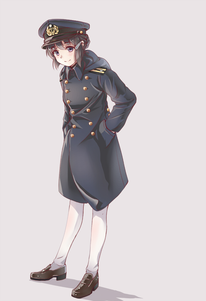 1girl alternate_costume black_eyes black_footwear black_hair black_jacket braided_bun eyebrows_visible_through_hair full_body hair_bun hair_ornament hairclip hand_in_pocket imperial_japanese_navy jacket kantai_collection long_hair longmei_er_de_tuzi military military_uniform myoukou_(kantai_collection) shoes sidelocks simple_background smile solo uniform white_background white_legwear