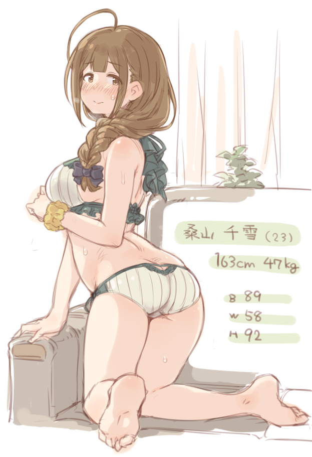 1girl 7010 ahoge ass bangs barefoot black_bow blush bow bra braid breasts brown_eyes brown_hair butt_crack commentary_request couch eyebrows_visible_through_hair full_body hair_bow idolmaster idolmaster_shiny_colors image_sample indoors kuwayama_chiyuki large_breasts long_braid long_hair looking_at_viewer looking_back panties sketch smile solo sweat tumblr_sample underwear underwear_only