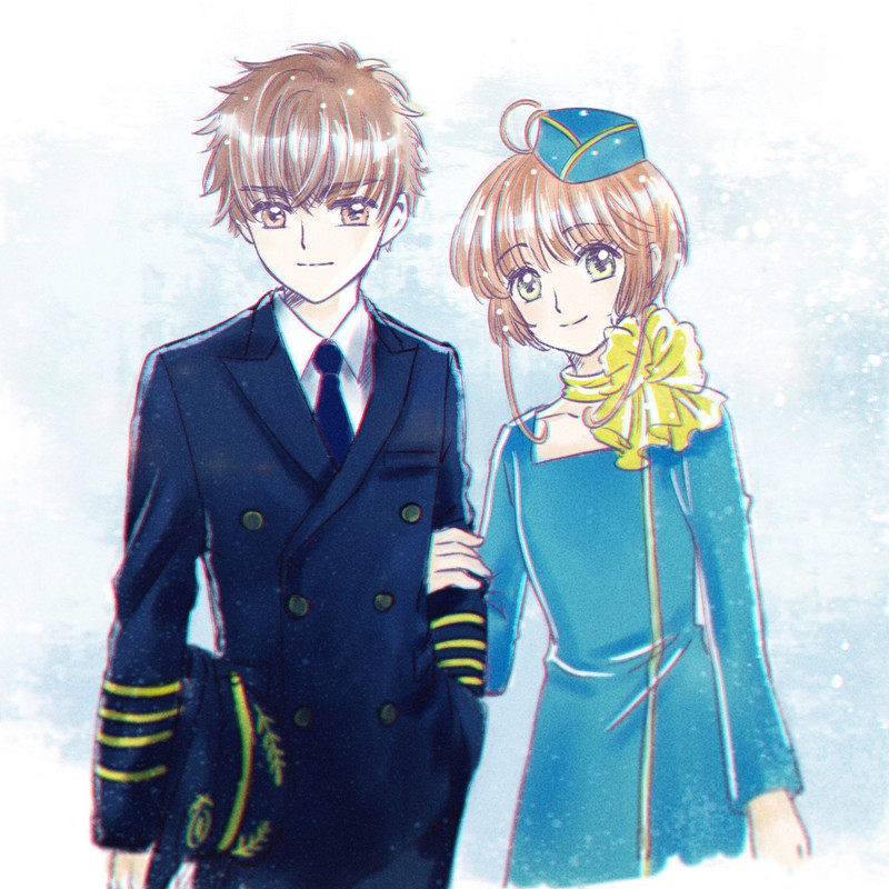 1boy 1girl antenna_hair bangs black_jacket black_neckwear black_pants blue_dress blue_hat brown_eyes brown_hair card_captor_sakura dress eyebrows_visible_through_hair formal green_eyes hair_between_eyes hat holding_arm jacket kinomoto_sakura li_xiaolang looking_at_viewer mini_hat necktie pants shirt short_hair_with_long_locks sidelocks simple_background smile standing uniform white_background white_shirt yellow_neckwear