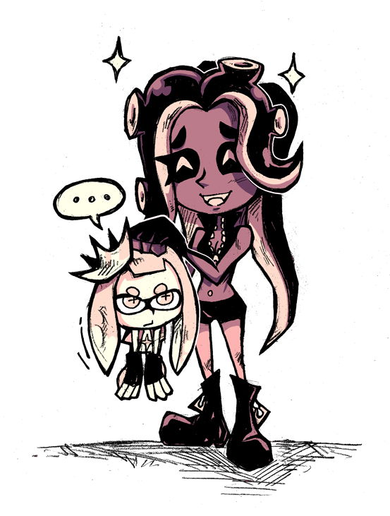 +_+ ... 2girls :d ^_^ boots breasts cleavage closed_eyes crop_top dark_skin fingerless_gloves gloves hime_(splatoon) iida_(splatoon) image_sample looking_at_another multiple_girls navel_piercing octarian open_mouth piercing popped_collar setz shirt shorts simple_background sleeveless sleeveless_shirt smile sparkle speech_bubble splatoon splatoon_2 spoken_ellipsis standing symbol-shaped_pupils tentacle_hair tumblr_sample unzipped white_background zipper zipper_pull_tab