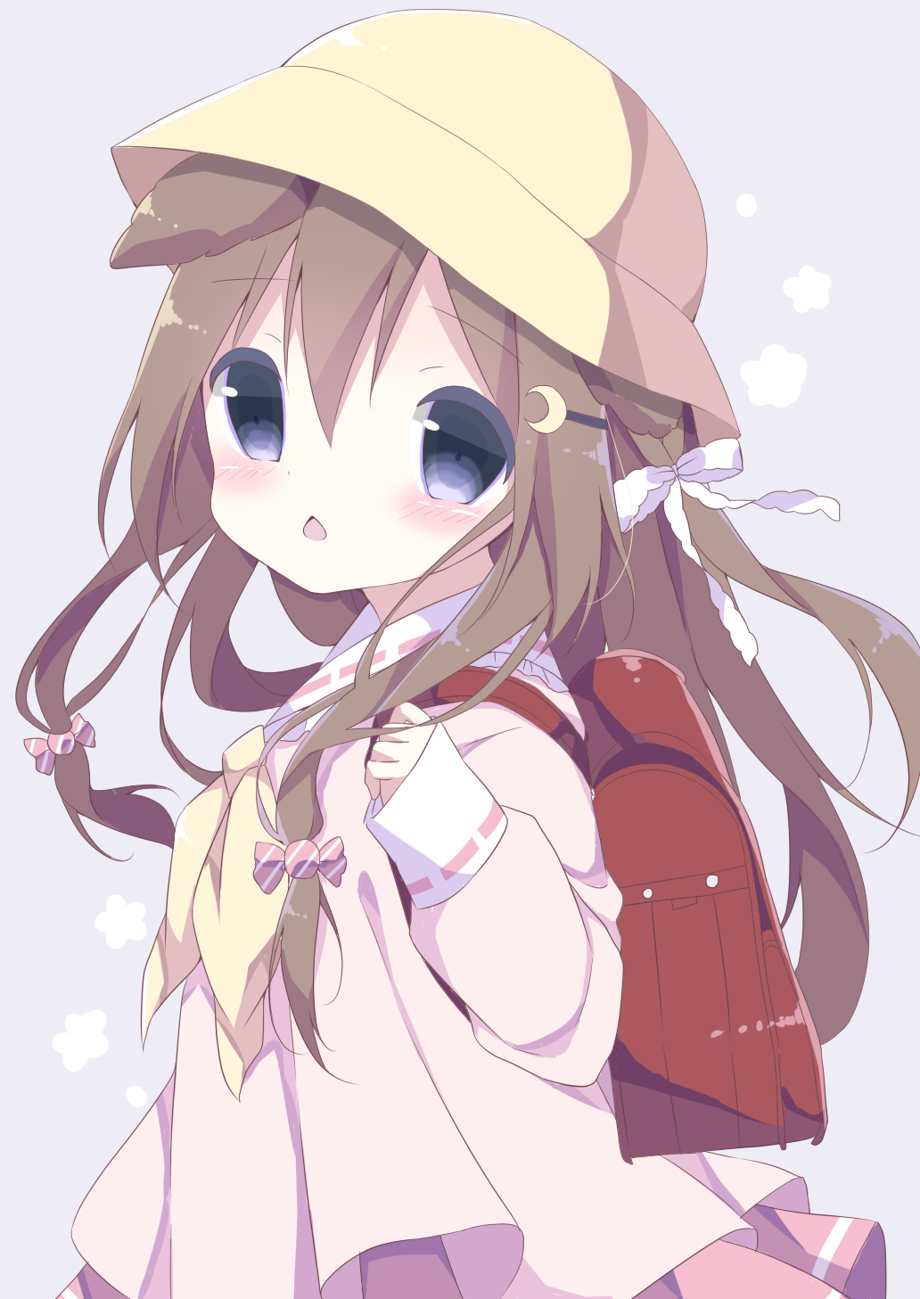 1girl animal_ears azur_lane backpack bag bangs blue_eyes blush bow brown_hair candy_hair_ornament candy_wrapper chestnut_mouth commentary_request crescent crescent_hair_ornament dog_ears eyebrows_visible_through_hair food_themed_hair_ornament fumizuki_(azur_lane) hair_between_eyes hair_bow hair_ornament hairclip hamada_pengin hand_up hat highres holding kindergarten_uniform long_hair long_sleeves looking_at_another looking_at_viewer neckerchief parted_lips pink_shirt pink_skirt pleated_skirt randoseru school_hat shirt skirt sleeves_past_wrists solo very_long_hair white_bow yellow_hairband yellow_neckwear