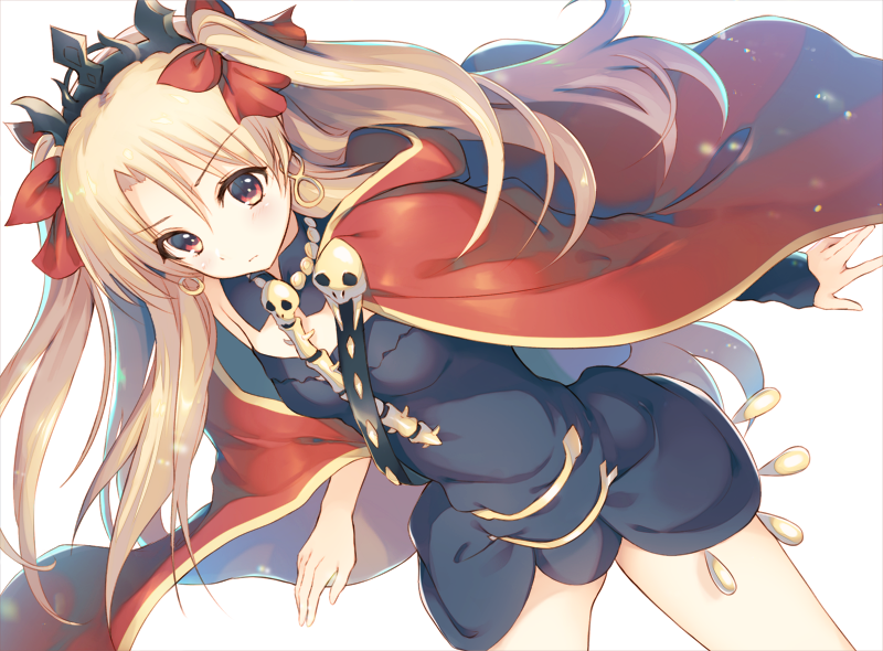 1girl black_dress blonde_hair bow cape closed_mouth cowboy_shot dress earrings ereshkigal_(fate/grand_order) expressionless fate/grand_order fate_(series) hair_bow jewelry long_hair looking_at_viewer miniskirt miyanome red_bow red_cape red_eyes simple_background skirt solo tohsaka_rin two_side_up white_background