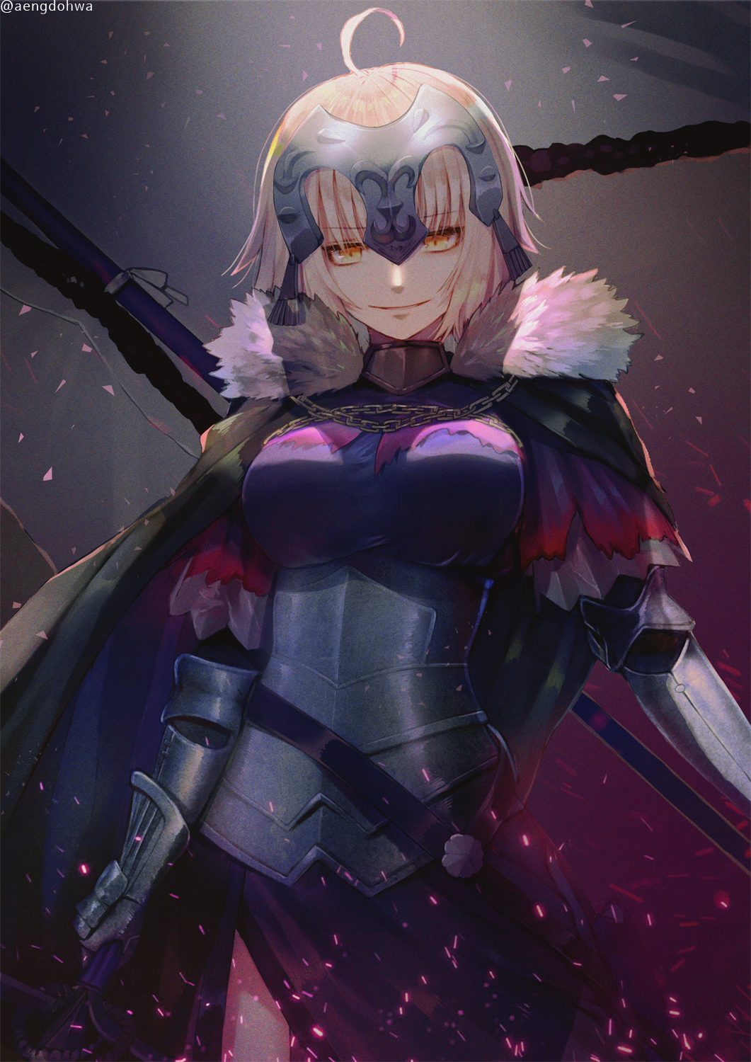 1girl ahoge armor bangs black_legwear blonde_hair blush breasts cape chains cleavage eyebrows_visible_through_hair fate/apocrypha fate/grand_order fate_(series) forehead_protector framed_breasts fur_trim hanato_(seonoaiko) headpiece highres holding holding_pole holding_sword holding_weapon jeanne_d'arc_(alter)_(fate) jeanne_d'arc_(fate)_(all) large_breasts light_particles looking_at_viewer medium_breasts open_mouth revision short_hair silver_hair smile solo sword thigh-highs weapon yellow_eyes