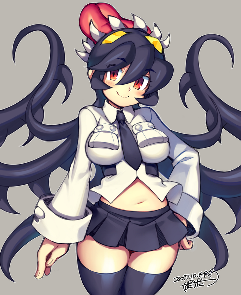 1girl between_breasts black_hair breasts collared_shirt cowboy_shot dated eyebrows_visible_through_hair filia_(skullgirls) grey_background iroyopon long_hair long_sleeves looking_at_viewer medium_breasts midriff navel necktie necktie_between_breasts prehensile_hair red_eyes samson_(skullgirls) school_uniform shirt simple_background skirt skullgirls stomach thigh-highs tongue tongue_out very_long_hair zettai_ryouiki